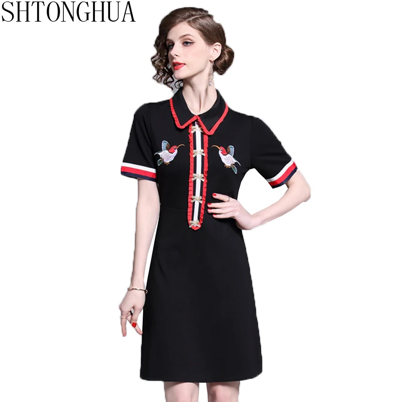 

SHTONGHUA 2019 Summer Women Black A Line Dress High Quality Embroidery Animal Short Sleeve Bodycon Dress Office Lady dress
