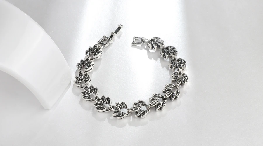 Винтажный Черный Кристалл кленовые листья очаровательный браслет модные античные серебряные браслеты для женщин романтический подарок для любви