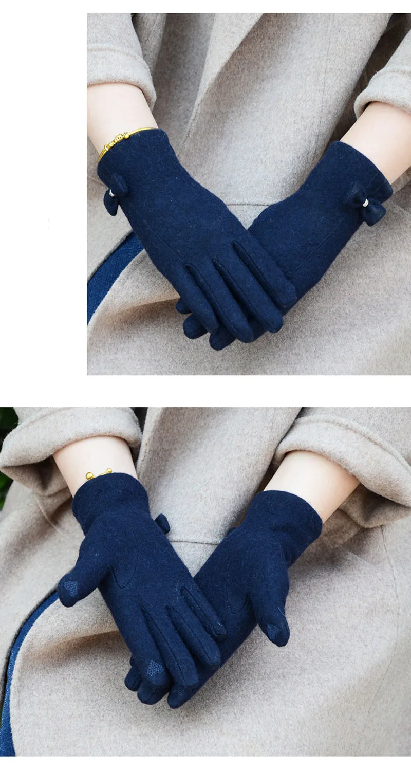 Модные элегантные женские шерстяные перчатки с сенсорным экраном зимние женские теплые кашемировые кожаные перчатки с бантом Вышитые перчатки D1
