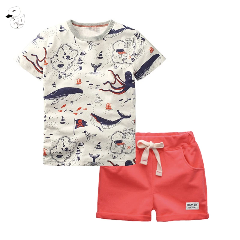 BINIDUCKLING/комплекты детской одежды из 2 предметов футболка с круглым вырезом и шорты для мальчиков летний Повседневный пуловер с рисунком хлопковая детская одежда для мальчиков