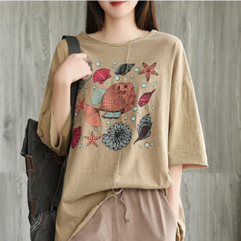 

Johnature New Cotton Three Quarter Sleeve Casual Retro Print Ladies Sets 2019 Summer Spring Pullover o-neck Women Set