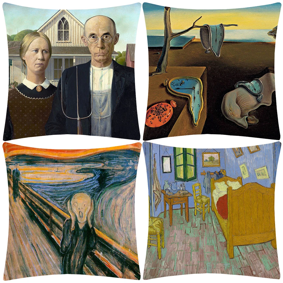 

Famous Paintings Drawings Cushion Covers American Gothic The Persistence Of Memory Print Cushion Cover White Pillow Case