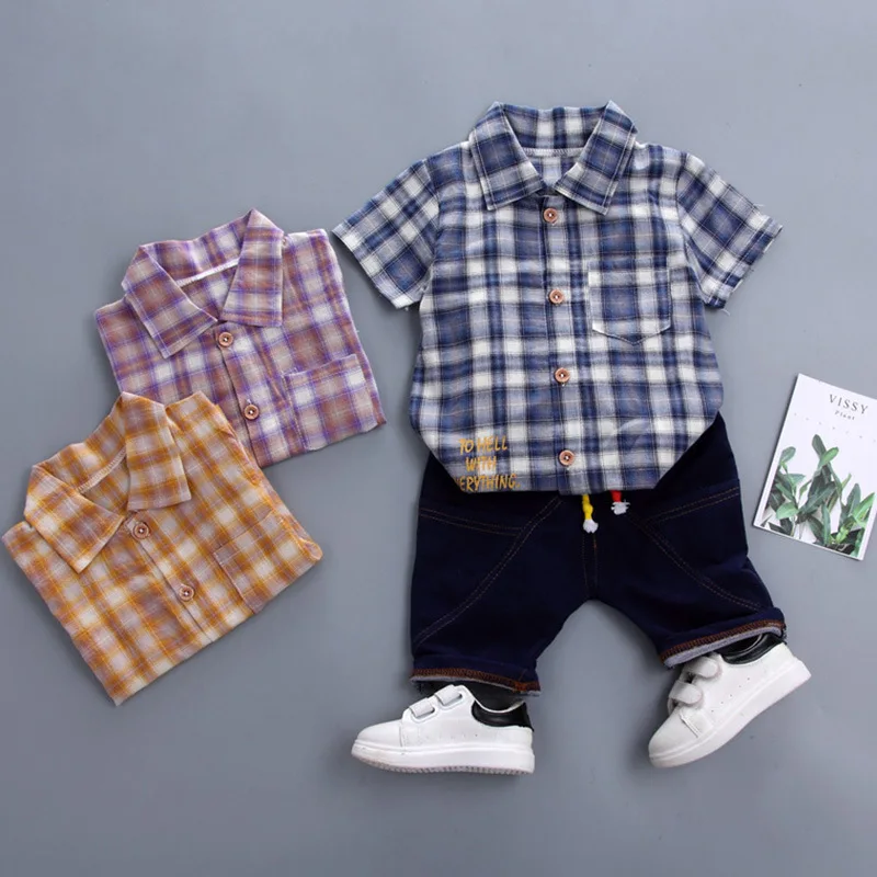 

Summer Baby Boys 2-Pieces Clothing Sets Cotton Short-Sleeved Plaid Shirt + Denim Shorts For 73-110cm