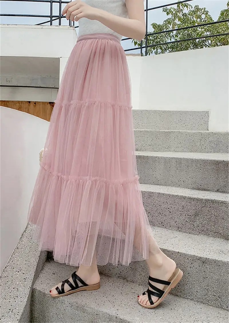 Корейская Новинка, женская летняя юбка-пачка, высокая эластичность, розовая шифоновая юбка длиной до щиколотки, Свободные повседневные длинные юбки, женские юбки-капкейки