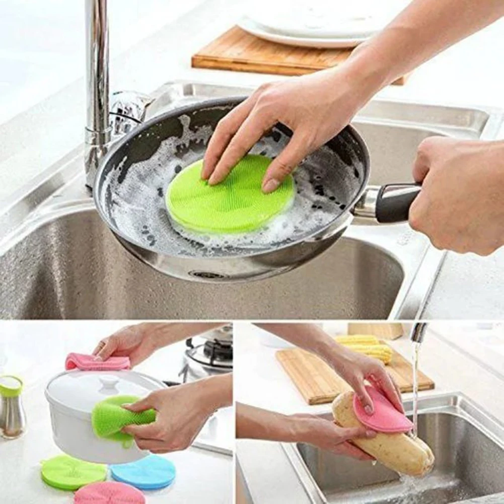 Silicone Dish Washing Sponge Round Cleaning Scrubber Brush Pad Kitchen