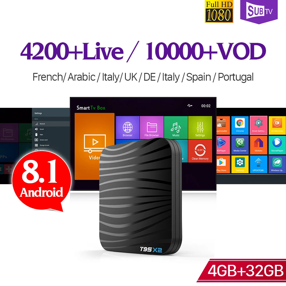 

T95X2 4G 32G IPTV Europe Android 8.1 Smart Box With 1 Year SUBTV Iptv Subscription French Arabic Italy UK Portugal IP TV box