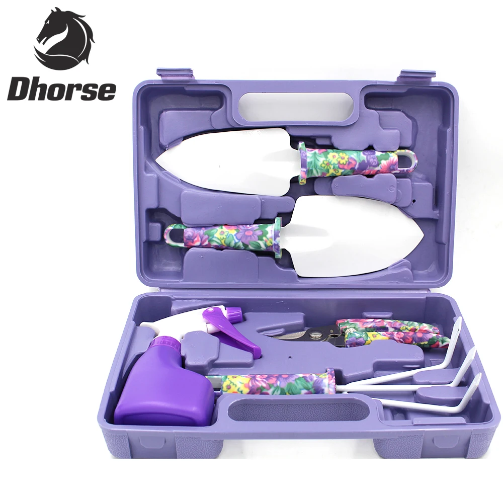 Dhorse High Quality 5Pcs Combination Utility Garden Tools Set Including Shear Rake Trowel Shovel Spray Bottle With Box SX122 new 3pcs outdoor garden tools set rake shovel playset kids beach sandbox toy