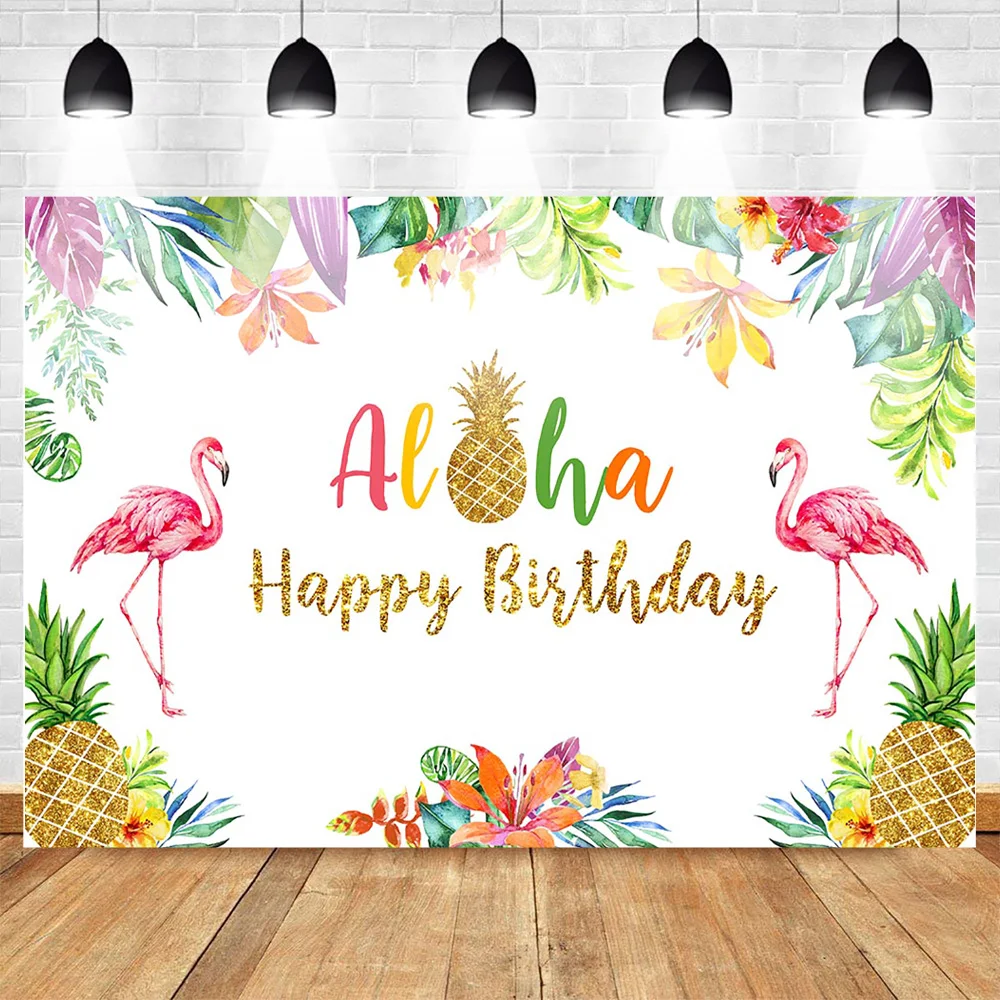 

Tropical Flamingo Happy Birthday Backdrop Aloha Gold Pineapple Hawaii Birthday Party Photography Backdrops Party Studio Props