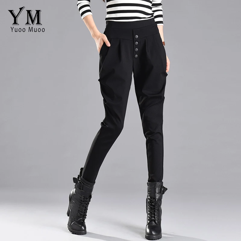 YuooMuoo 2019 новые брюки женские с высокой талией карандаш шаровары Повседневные пуговицы дизайн плюс размер брюки черные брюки женские