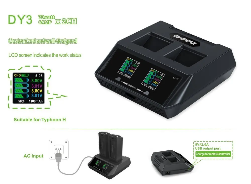 EV PEAK 70Wx2 6A/CH Intelligent Battery Charger for Yuneec Typhoon H