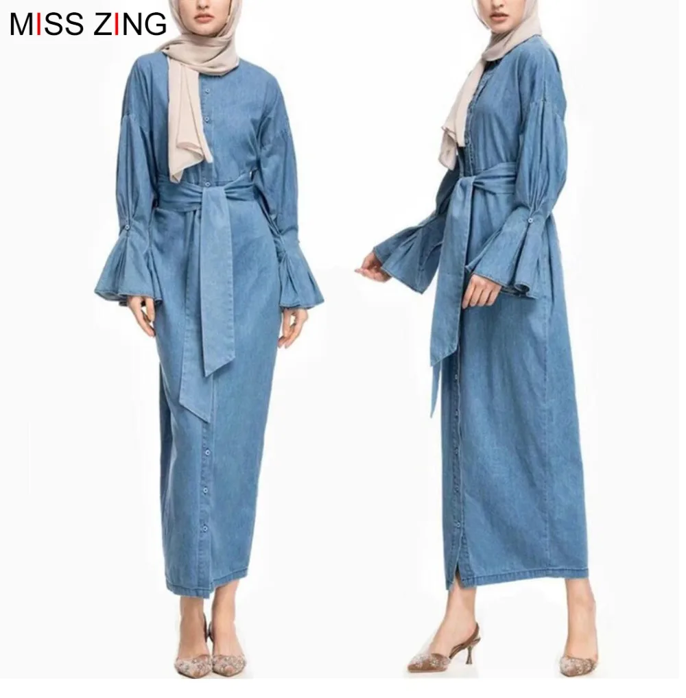 

Zing Denim Muslim Abaya Sashes Full Dresses Cardigan Hijab Kimono Long Robe Gowns Middle East Ramadan Islamic Prayer Clothing