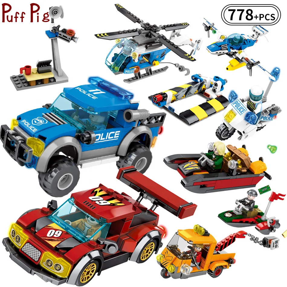 

Puff Pig 778PCS Legorreta City Police Truck Figures Building Blocks Speed Racing Car Helicopter Bricks Kids Educational Oyuncak