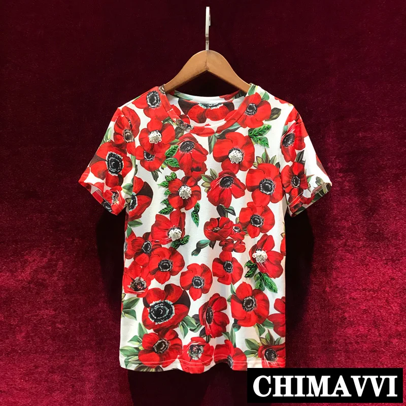 

New European Spring and Summer Vintage Printing Heavy Bead T-shirt Women's Round Collar Short Sleeve Tshirt Flower Tee Tops
