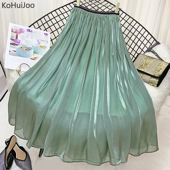 

Kohuijoo New Designers Skirt Women Bright Solid Casual Maxi Long Pleated Skirts Fashion Street Tulle Skirt Female