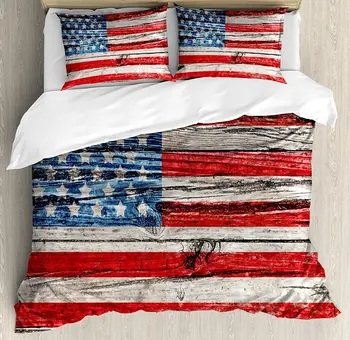 

Rustic American USA Flag Duvet Cover Set Fourth of July Independence Day Painted Wooden panel Wall 4 Piece Bedding Set