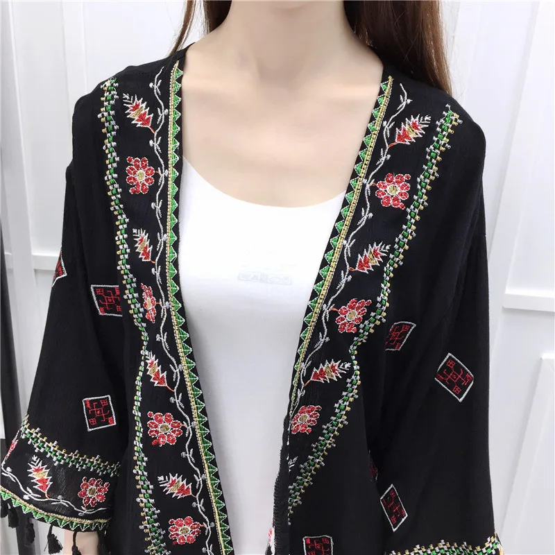 TingYiLi Ethnic Boho Kimono Cardigan Vintage Floral Embroidery Cardigan Girl Beige Black White Cardigans Women Summer 4