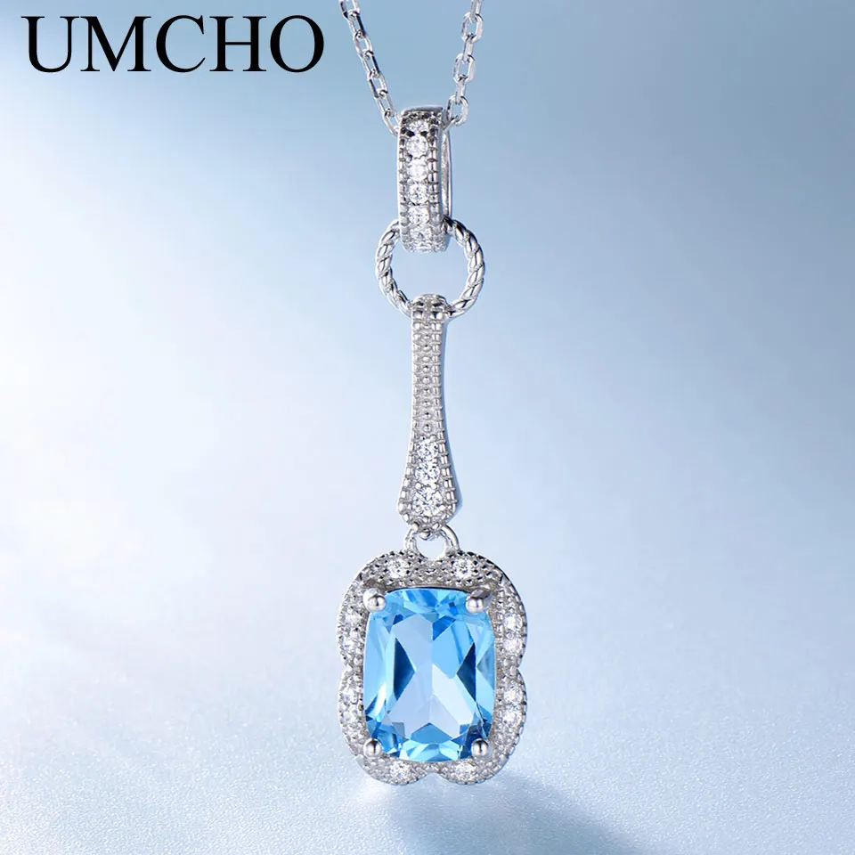 

UMCHO Natural Blue Topaz Gemstone Pendants Necklaces For Women 925 Sterling Silver Trendy Fashion Jewelry Party Wedding Gift New