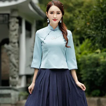 

New Cotton Linen Tees Vintage Embroidery Plus Size 3XL Tshirt Elegant Tops Stand Fashion Ethnic Camisetas Mujer Verano 2019 Hot