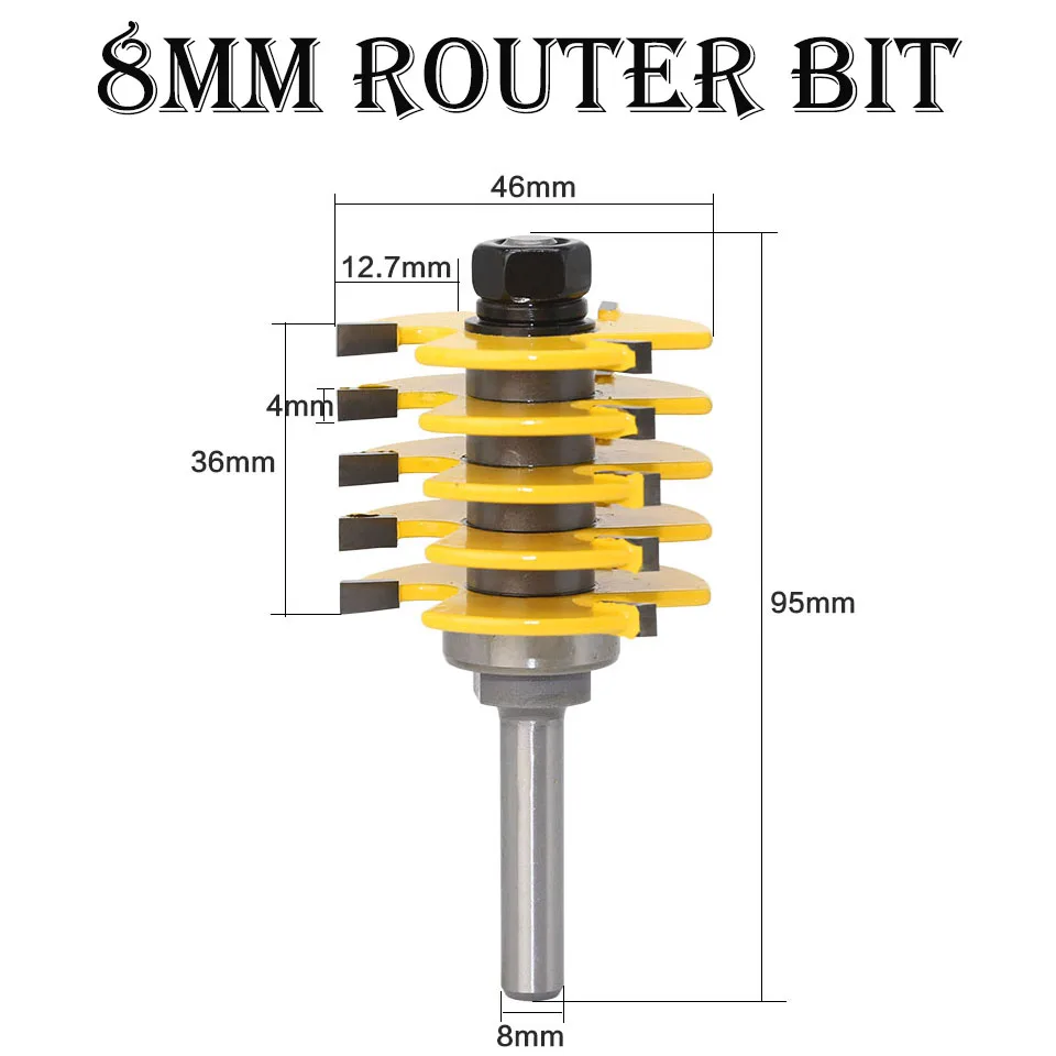 

Woodworking Tool Box Joint Router Bit 8mm Adjustable 5 Blade Tenon Cutter Engraving Trimming Flooring Milling Cutter 81210