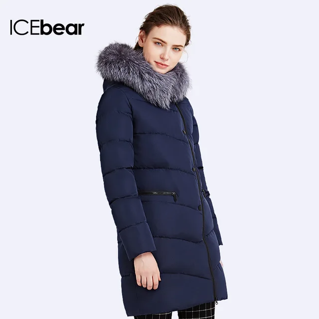 ICEbear 2016 Пушистый воротник из меха чернобурка Двухсторонняя застежка-молния Модель пуховика Куртка ветрозащитная 16G6187