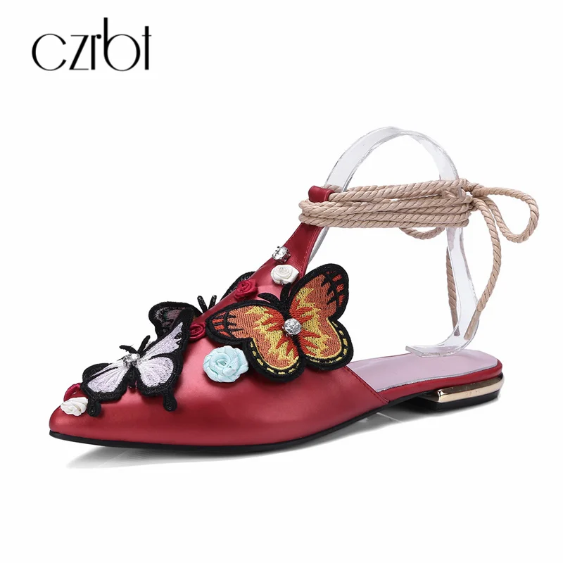 

CZRBT Embroider Flower Genuine Leather Handmade Women Summer Ankle Strap Mules Shoes Women Flats Ladies Party Casual Shoes