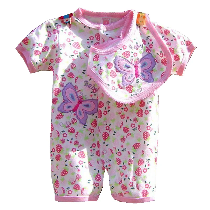 Butterfly Flower Summer 2017 Girls Clothing Sets Kids Romper + Bib