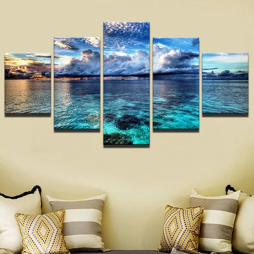 HD Printed Painting Canvas Kids Room Decor Framework 5 pieces blue sky and white clouds Seascape Poster Modular Picture