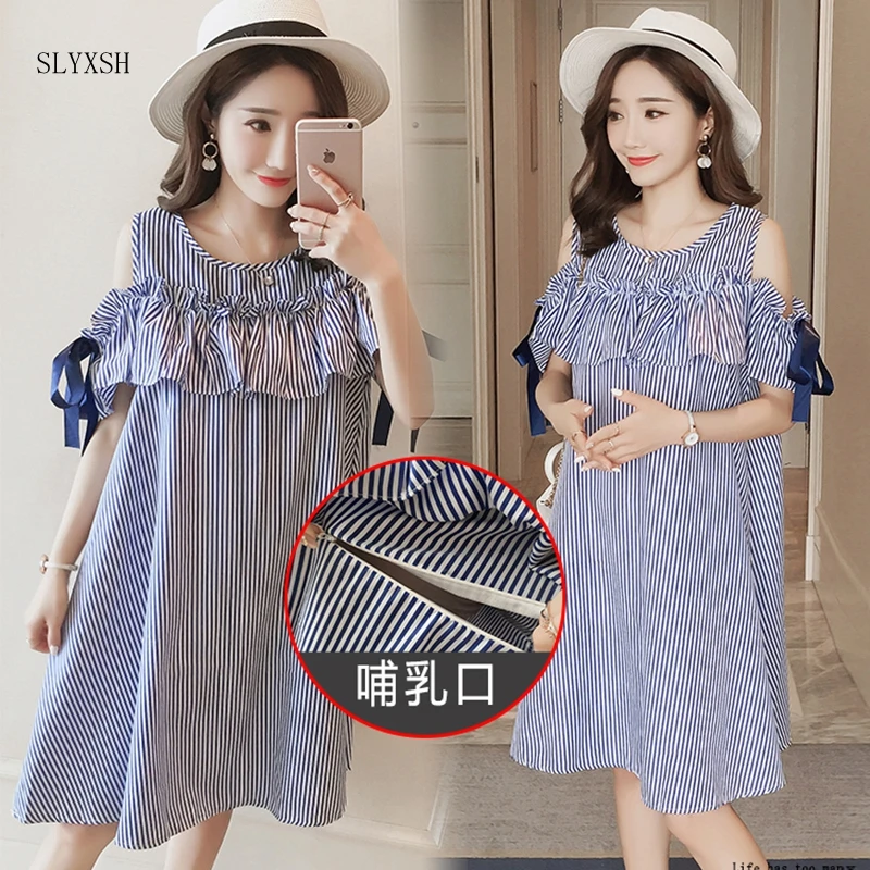 

Summer Maternity Breastfeeding Dresses Bow Sleeve Dress Clothes for Pregnant Women Striped Pregnancy Breastfeeding Clothing