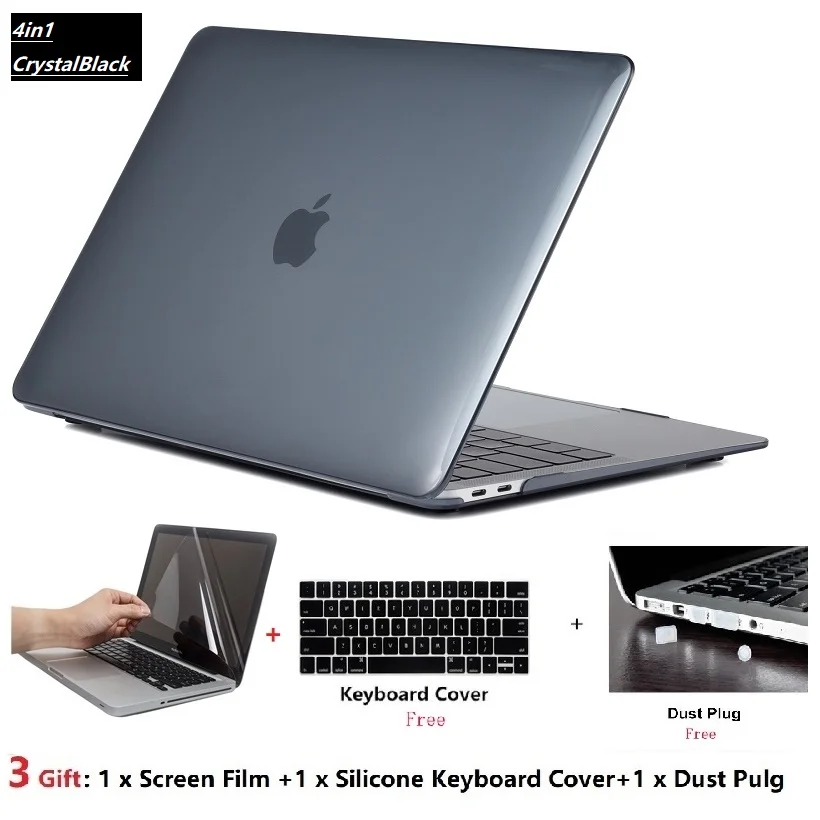 Кристальный чехол для ноутбука+ чехол для клавиатуры+ пленка для экрана+ пылезащита для 11 12 13 15 дюймов Apple Macbook Air Pro retina TouchBar A2159 A1932 - Цвет: Crystal Black