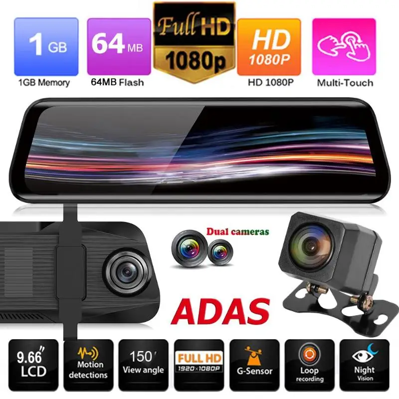 Anytek T11+ 9,66 дюймов зеркало заднего вида DVR камера 1080p+ 720p ADAS Dash Cam