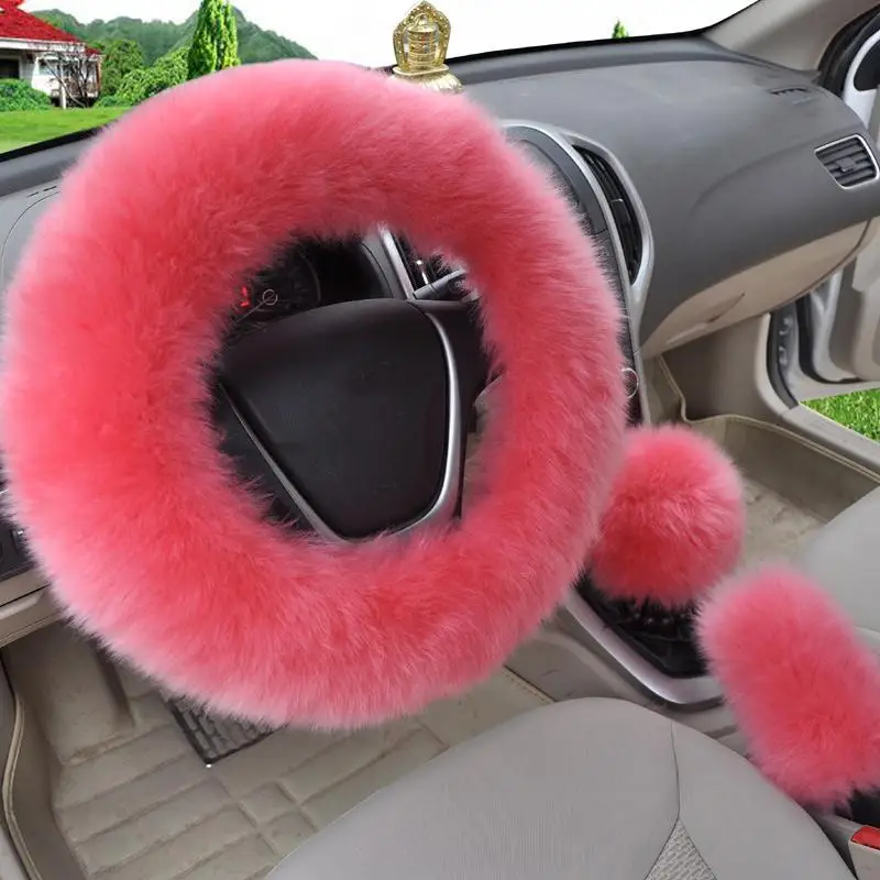 HOT 5 colors 3pcs/set Pink Wool plush car steering wheel cover sets