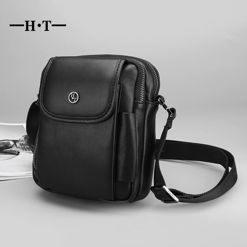 

HT Men's Genuine Leather Crossbody Bags Mans Small Shoulder Messenger Bag Luxury Handbag Single Mini Bag Black Brand New Bolsos