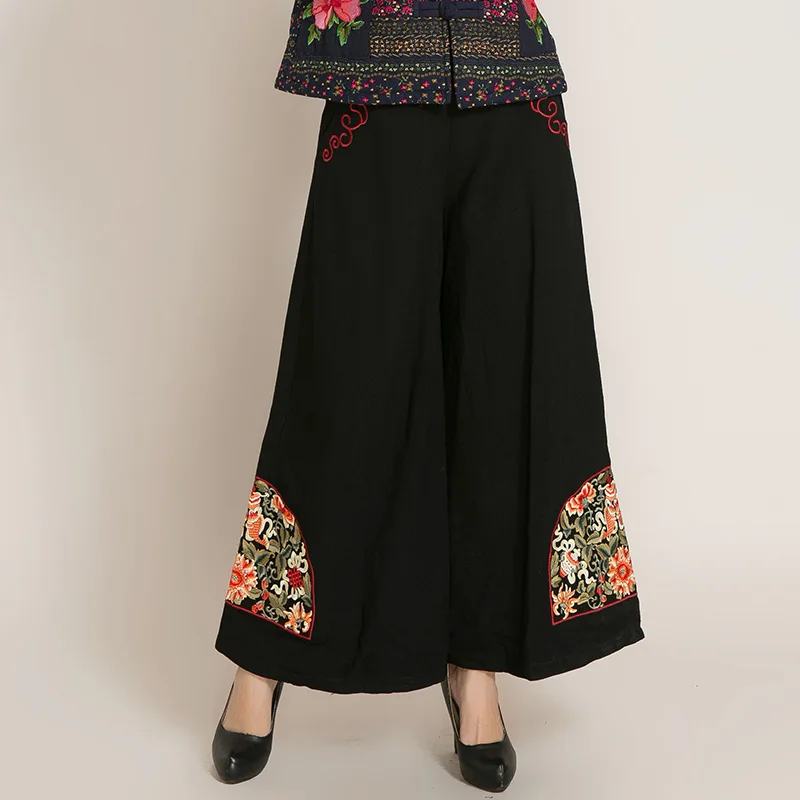 Han Zitong, Spring And Autumn, Folk Style, Women's Trousers, Embroidered, Wide Legs, Trousers, High Waist, Black Loose, Big Legg