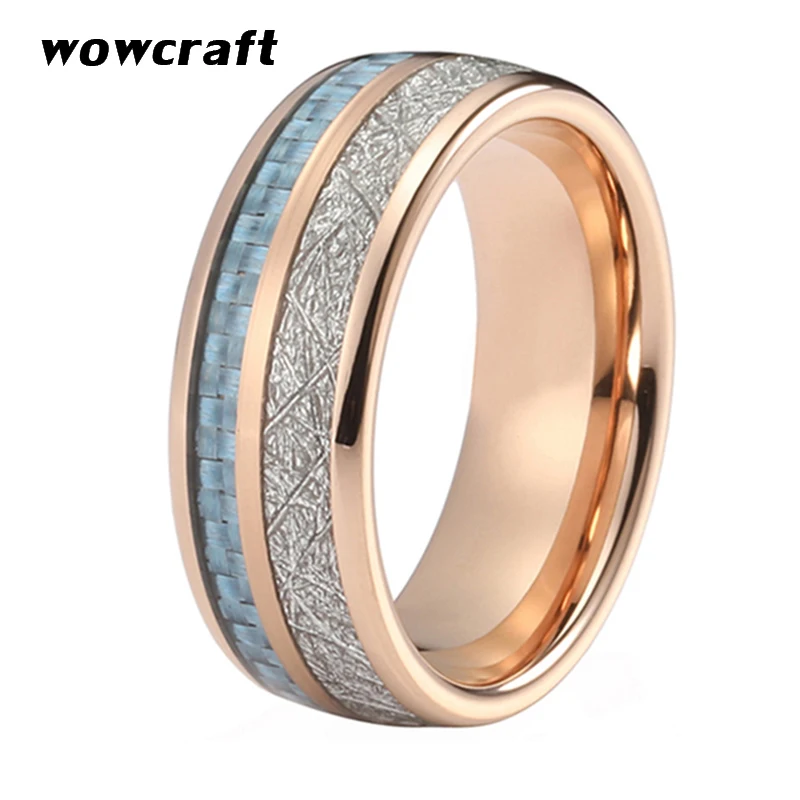 

Rose Gold Tungsten Wedding Band for Men Women Meteorite Blue Carbon Fiber Inlay Domed Fashion Comfort Fit Ring