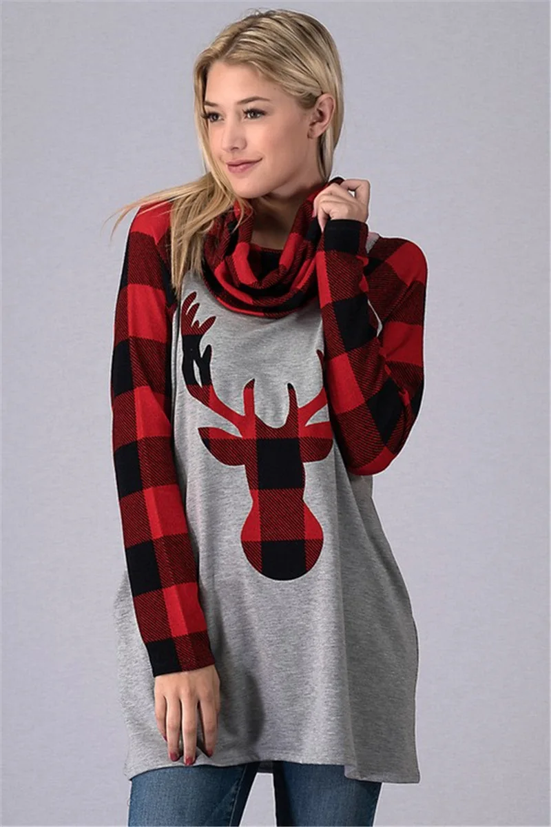 2018 New Christmas Elk Women Hoodies Sweatshirt Classic Plaid Casual