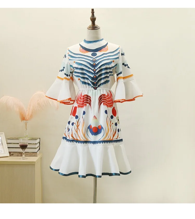 Подиумное дизайнерское винтажное шифоновое платье с принтом морской звезды и гребешком летние женские вечерние мини-платья с расклешенными рукавами и оборками