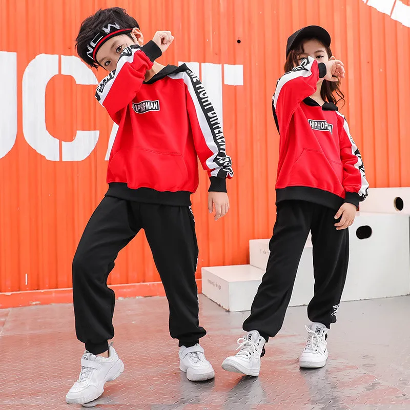 

2019 Kids Adults Autumn Winter clothing set Costumes Hip Hop dance Pants & Jazz Red Blue Patchwork Sweatshirt kids suits twinset