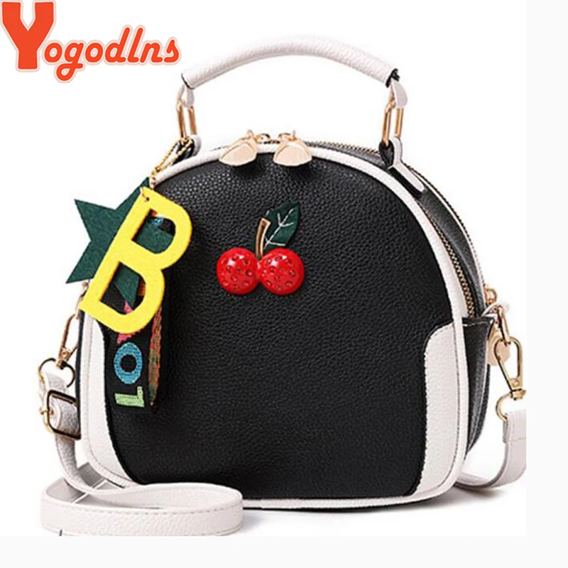 Yogodlns أزياء النساء حقيبة كتف الكرز الديكور Crossbody أكياس لسيدة 2019 قلادة بحرف قذيفة أكياس بو محفظة جلدية