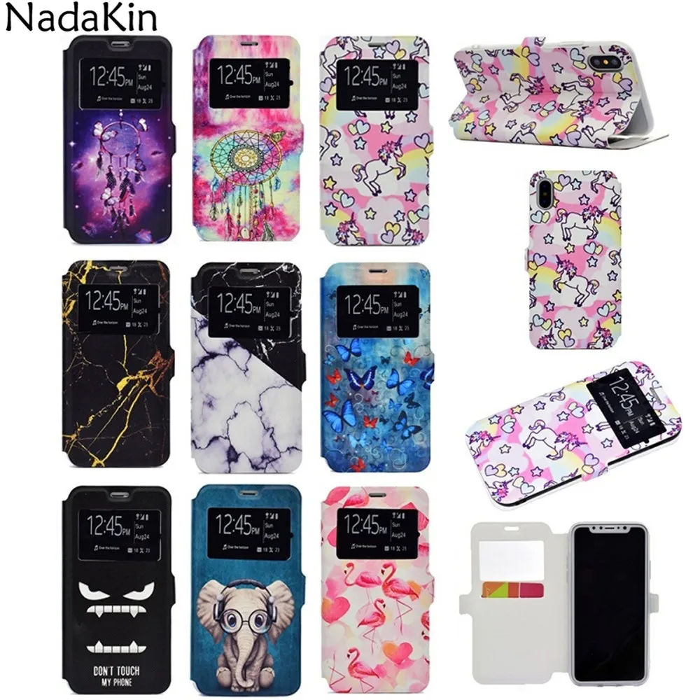 

Colorful Painted View Window PU Leather Case for Apple iPhone 7 8 Plus X Stand Flip Protective Shell Cover Holster