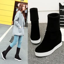 Г. Женские зимние повседневные эластичные хлопковые сапоги-носки ботильоны с плюшем на резиновой подошве с круглым носком, черные сапоги для увеличения роста размера плюс 34-44