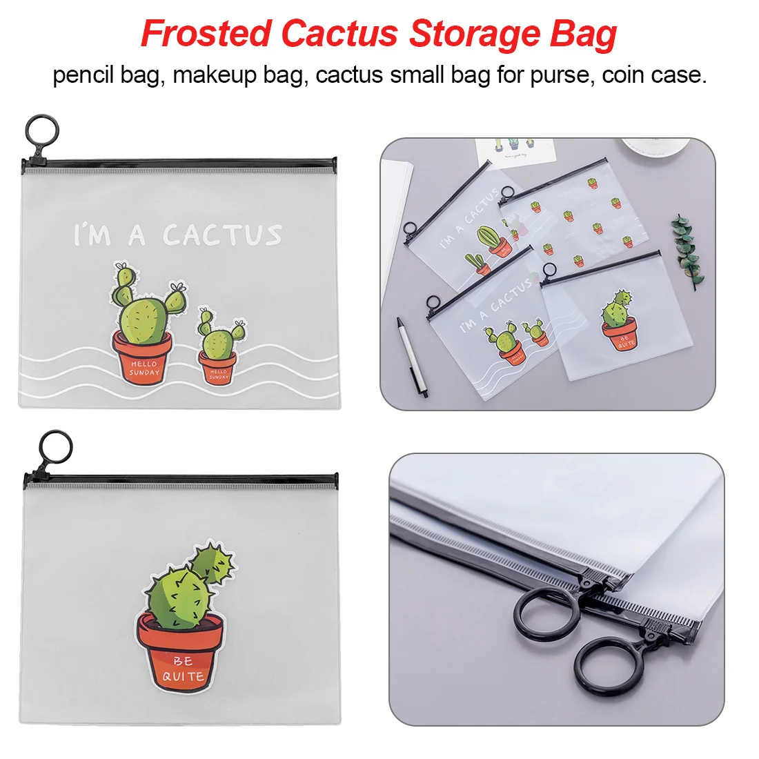 

Small fresh transparent frosted cactus storage bag Creative student large capacity pencil bag Pencil Case ring edge bag
