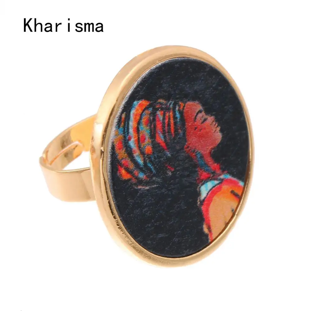 

KHARISMA Trendy Big Metal Zina Alloy Resizable Rings African Openable Setting Wooden Printed Clip Rings For Women Girls Gifts