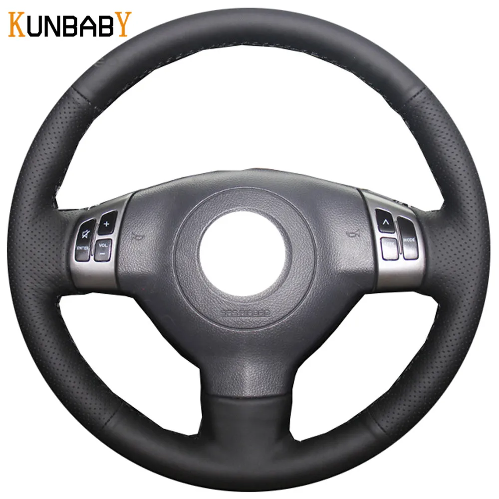 KUNBABY Black Genuine Leather Car Steering Wheel Cover for Suzuki SX4