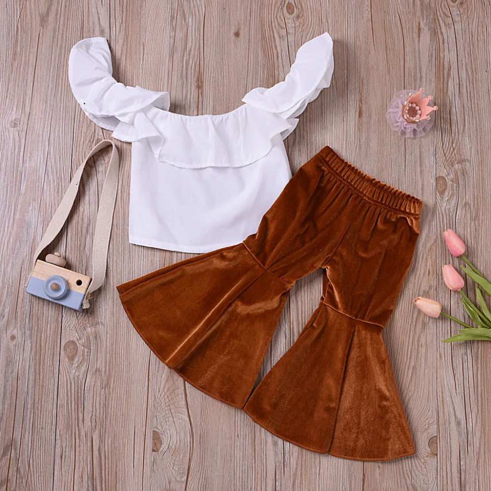 

Girls Sets Newborn Toddler Infant Baby Boy Girl Letter Flying Sleeve Solid Flared T-shirt&Pants Baby Kid Clothes Summer 2019