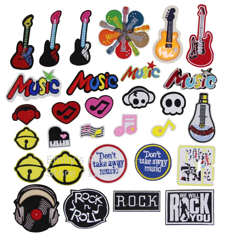 

10 pcs Rock Musical Notes Guitar Bell Embroidered Motif Cartoon Applique embroidery patches diy accessory free shipping