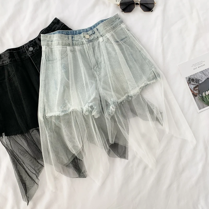 

2019 new fashion women's Denim shorts female summer irregular mesh stitching high waist
