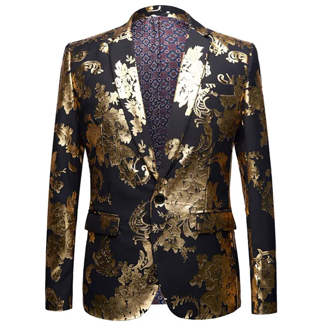 Mens Hipster Gold Rose Print Blazer Jacket Shiny Glitter Wedding Dress ...