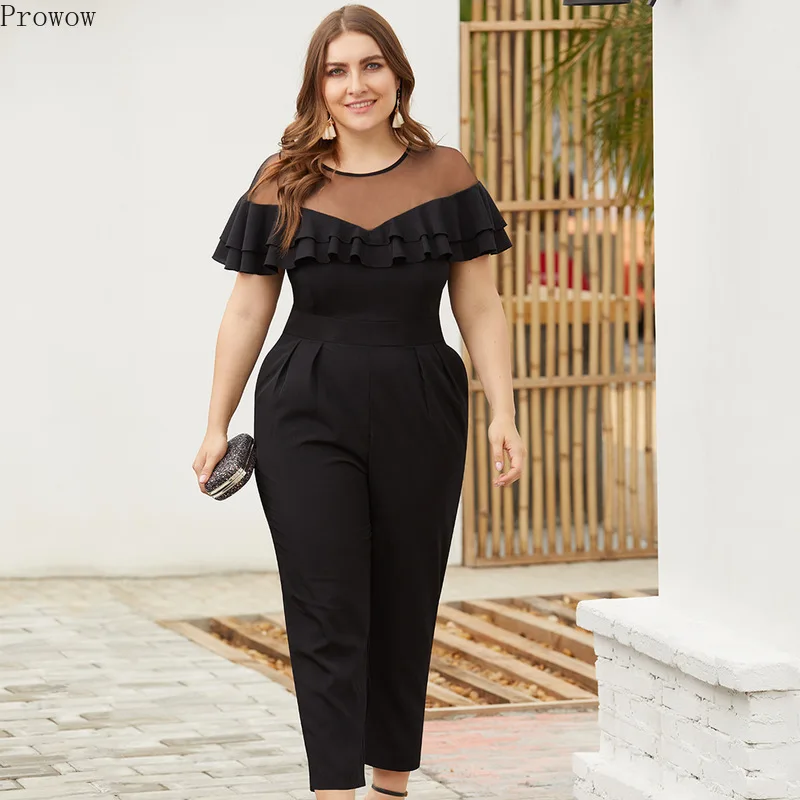 

2019 Mesh Stitching Double Lotus Leaf Edge Short Sleeve Receiving Waist Pocket Small Foot Joint Pants women jumpsuit