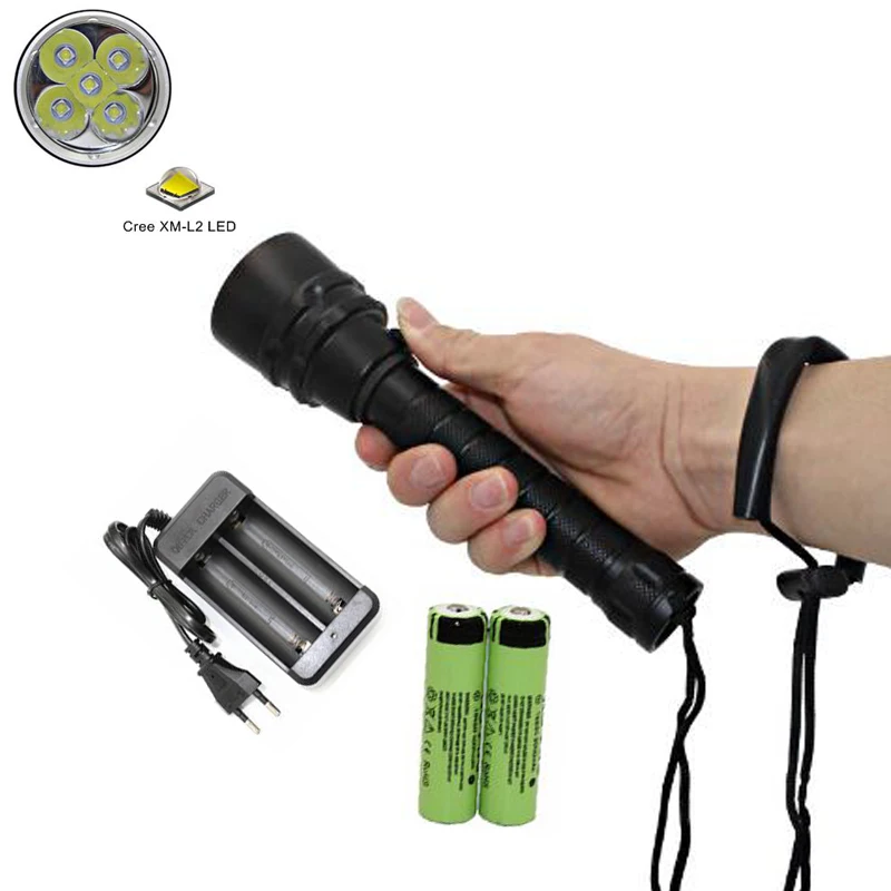 

Scuba Light Diving Flashlight Underwater Dive Torch 5x L2 XM-L2 LED Rechargeable Flashlight + 18650 Battery + EU/US Charger