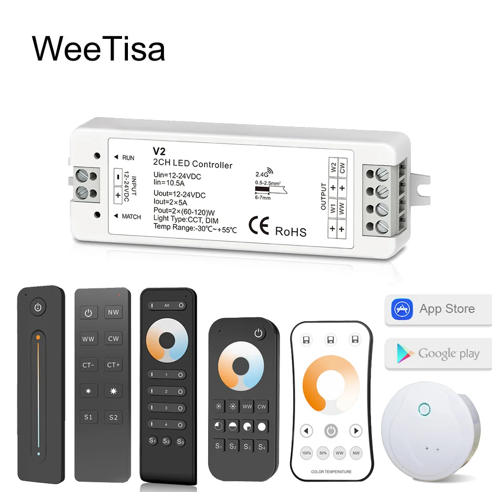 

12V LED Dimmer WW CW 2CH 2.4G RF Wireless Remote Smart Wifi DC 24V 12 Volt CCT Controller for CT Single Color LED Strip Light